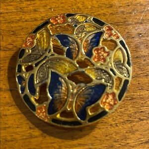 Butterfly Cloisonné Round Circle Vintage Brooch